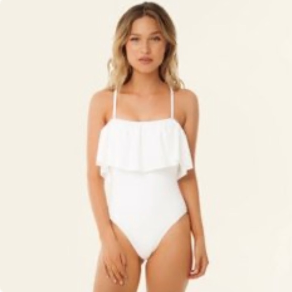 **WHITE** Women’s Ruffle Bandeau One-Piece - Picture 2 of 5